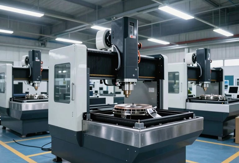 A wide lens capture of a manufacturing workshop with several CNC machines, bright overhead lights, and blue safety floor markings, professional and clean.