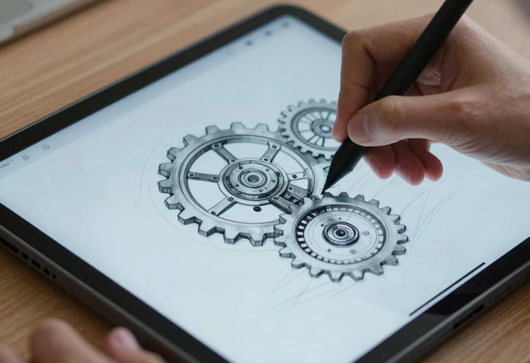 Close-up of a student's hand sketching a mechanical gear system on a tablet with a stylus, blue light from the screen illuminating the desk, technical atmosphere.