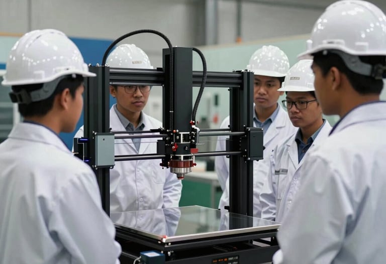 A group of Southeast Asian / Indonesian Students wearing white lab coats and hard hats observing a large industrial 3D printer in action, professional workshop setting.