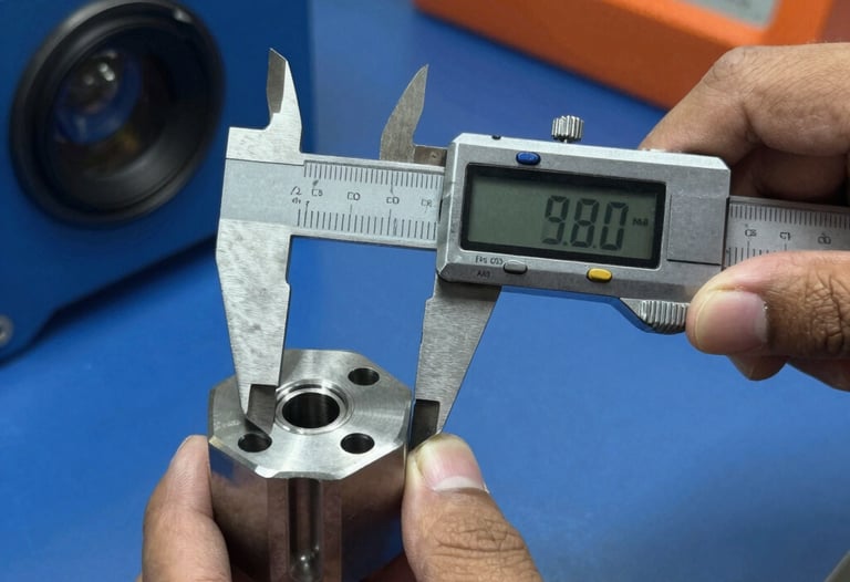 Close-up of a high-precision metal part being measured by a digital caliper, hands of a Southeast Asian / Indonesian Student, professional lighting, industrial blue and orange accents.
