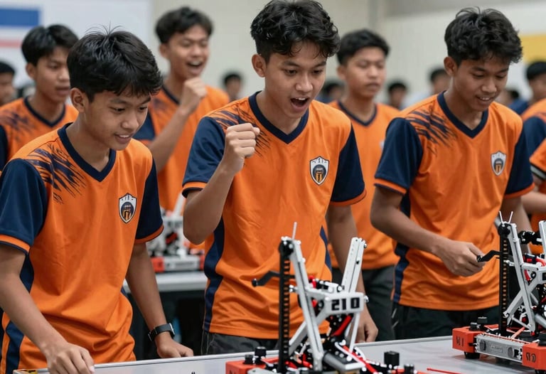 A group of Southeast Asian / Indonesian Students cheering around a competitive robotics arena, dynamic motion, vibrant orange and dark blue jerseys, professional photography.