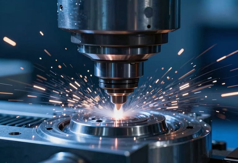 Macro shot of a high-speed metal milling process with cooling fluid spray, sparks flying, deep blue lighting and metallic textures.
