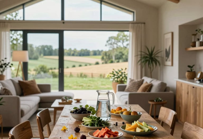 Modern living room with neutral sofas and large sliding glass doors overlooking a rolling countryside view.