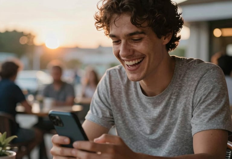 A candid shot of a person laughing while looking at their smartphone screen at a vibrant outdoor café during sunset. Global / Western.