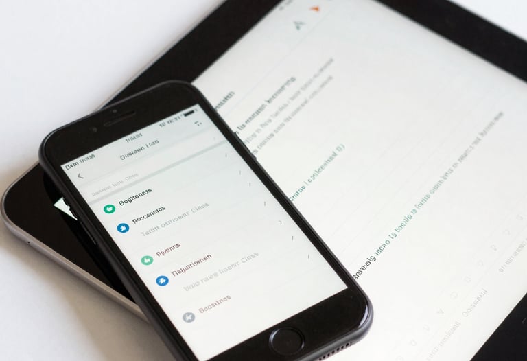 A close-up of a tablet and phone in a brightly lit studio, showing synchronized data for a business application. Clean, professional composition. Global / Western.