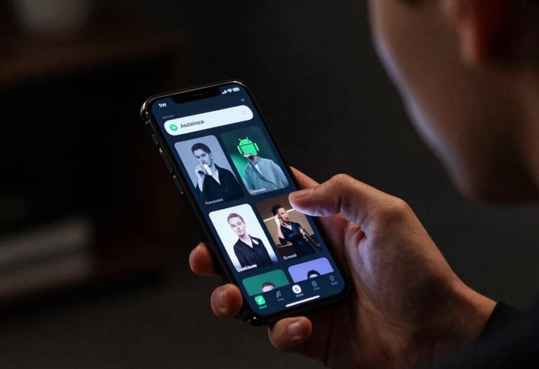A person using an Android phone in a dark room; the light from the screen illuminates their face as they interact with a sleek, dark-themed app. Global / Western.