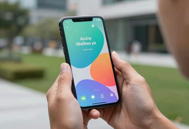 A close-up photograph of a person's hands holding an Android phone outdoors in a modern urban park. The screen displays a colorful wellness app. The background shows blurred architectural details and greenery. Global / Western.