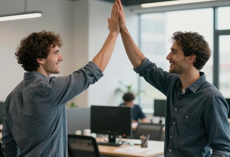 An action shot of two people high-fiving in a modern office, celebrating a successful app deployment. Global / Western.