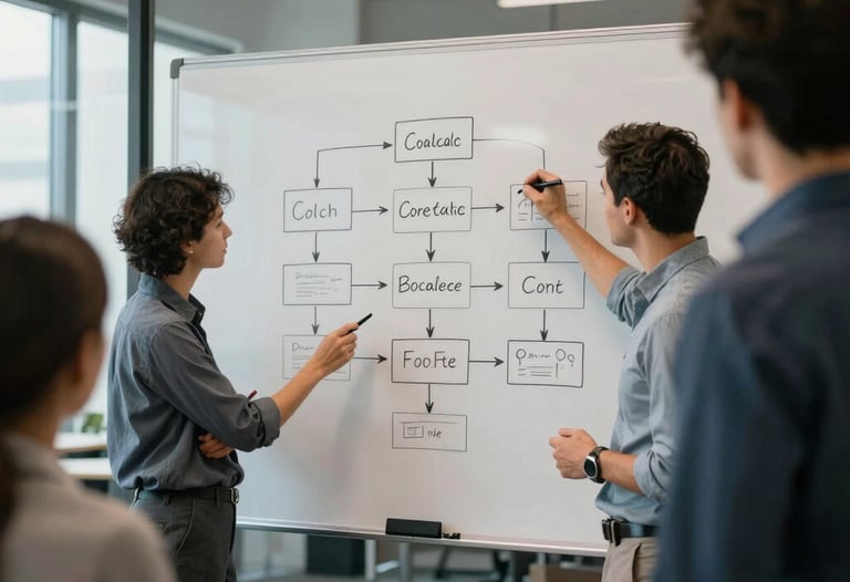 A group of professionals in a modern office having a collaborative brainstorming session around a whiteboard with app flow diagrams. Global / Western.