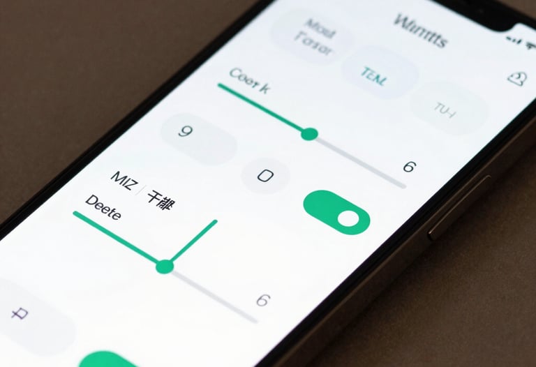 Close-up of a high-resolution smartphone screen showing a sleek interface for a smart home application with intuitive toggles and sliders. Soft studio lighting.