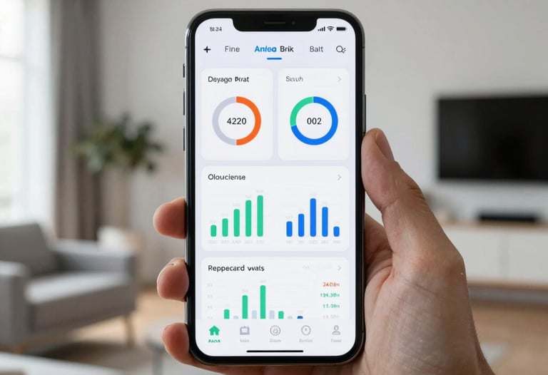 A clean shot of an Android smartphone displaying a complex dashboard with charts and data, held by a person in a minimalist, modern apartment. Global / Western.