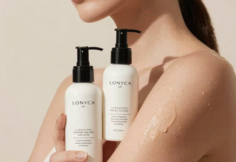 Minimalist display of body care products with soft lighting and clean background