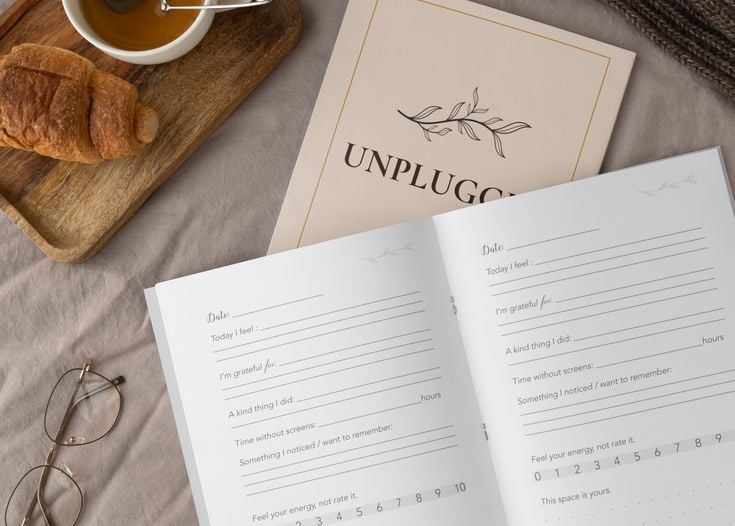 Open journal & tea on a neutral surface, representing a quiet pause for parental self-reflection