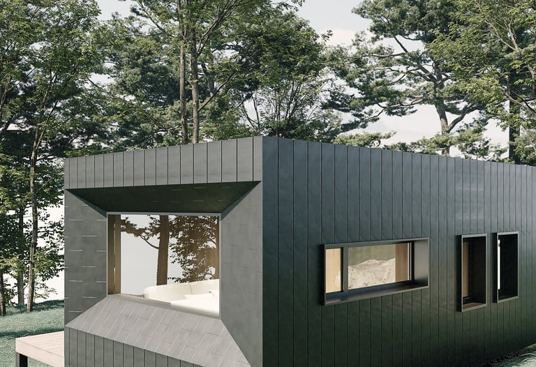 a small house with a large window and a bed