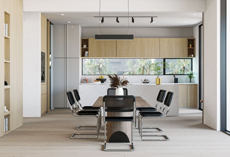 Une salle à manger avec une table et des chaises