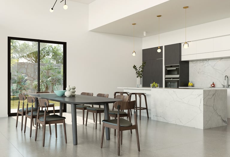 Une salle à manger avec une table et des chaises