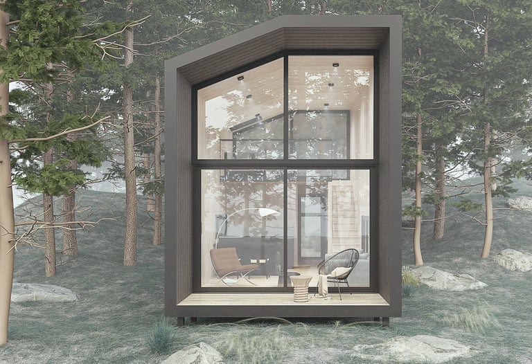 a small house with a large window and a dog