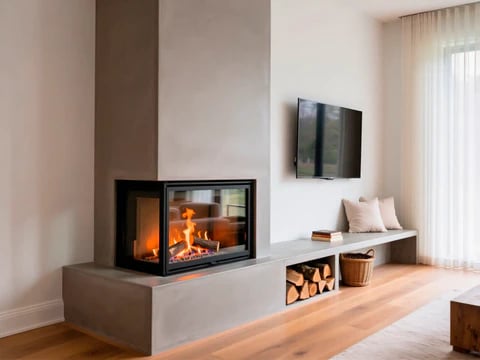 Microcement is versatile and works around active fireplaces