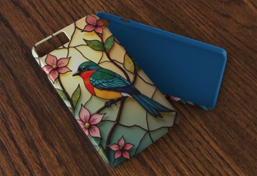 Colorful stained-glass style phone case with bird and flowers handcrafted mosaic illustration.