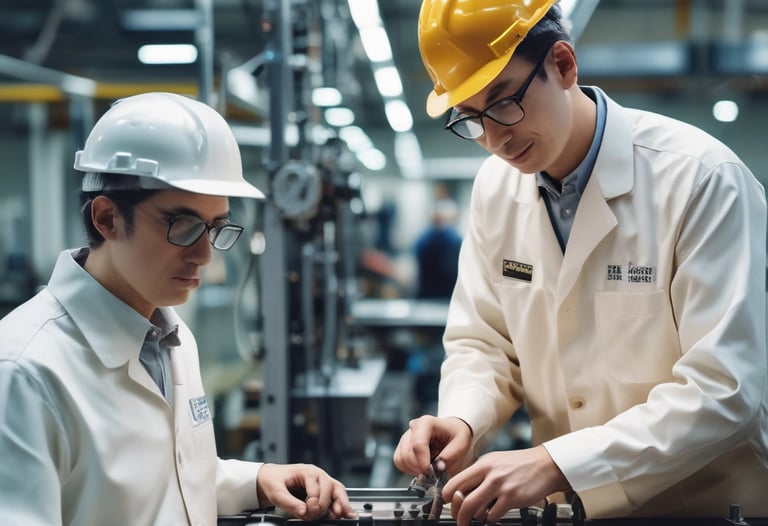 A diverse team collaborating around a table with blueprints and laptops, showing teamwork and innovation.