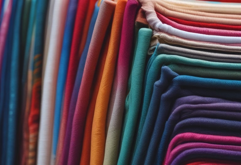 A close-up of colorful fabric prints displayed on a table.