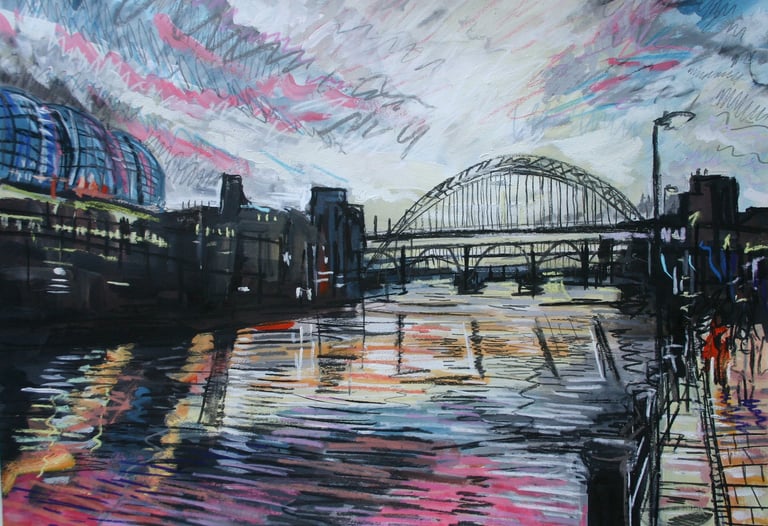 A mixed media painting of Tyne Bridge in Newcastle at dusk.