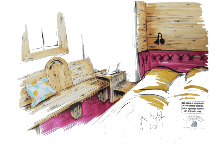 farbige Skizze eines Zimmerdesigns mit uriger Bank