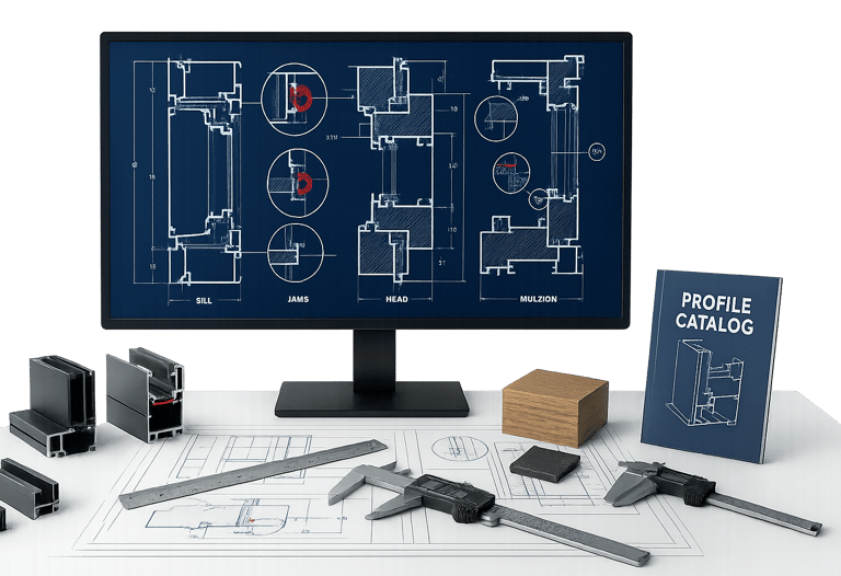 Detailed window frame profile drawings showing cross-sections and specifications, Auckland technical