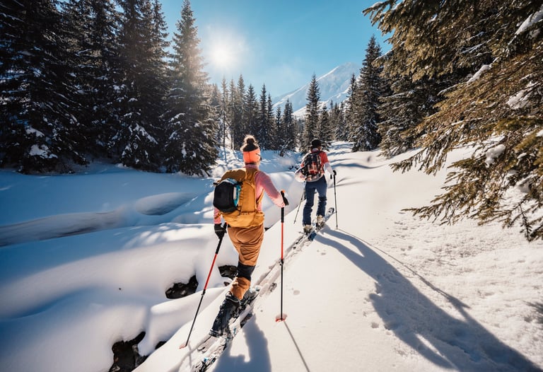 Two people backcountry skiing through a sunny pine forest on a snowy mountain trail.