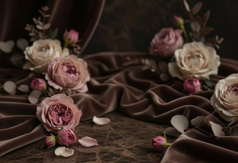 Elegant pink and cream roses arranged on draped brown velvet fabric and marble.