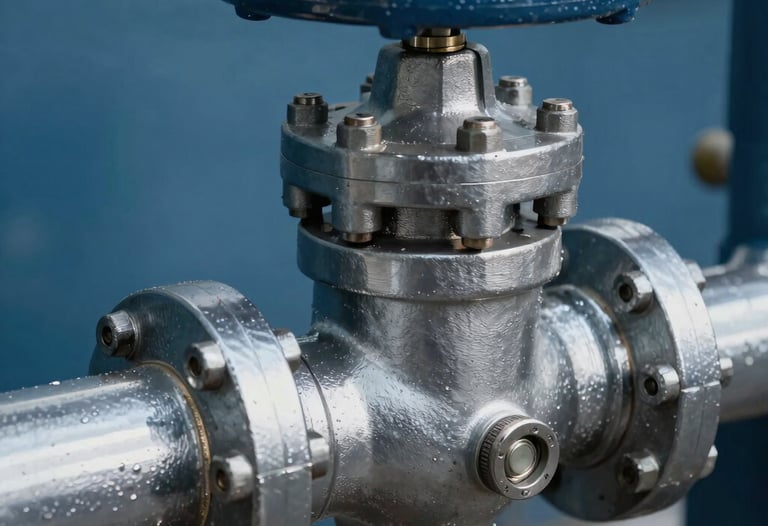A detailed close-up of an industrial valve and pipe system, polished and ready for installation. Sharp focus with deep blue shadows and bright steel highlights.
