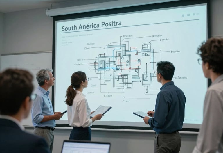 A group of professional engineers in a modern classroom setting in South America, looking at technical drawings on a large screen. The atmosphere is focused and academic, with steel blue and light blue lighting elements.