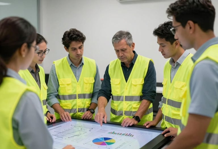 Engineering team in bright yellow vests discussing plans over a digital table at a South American site office.