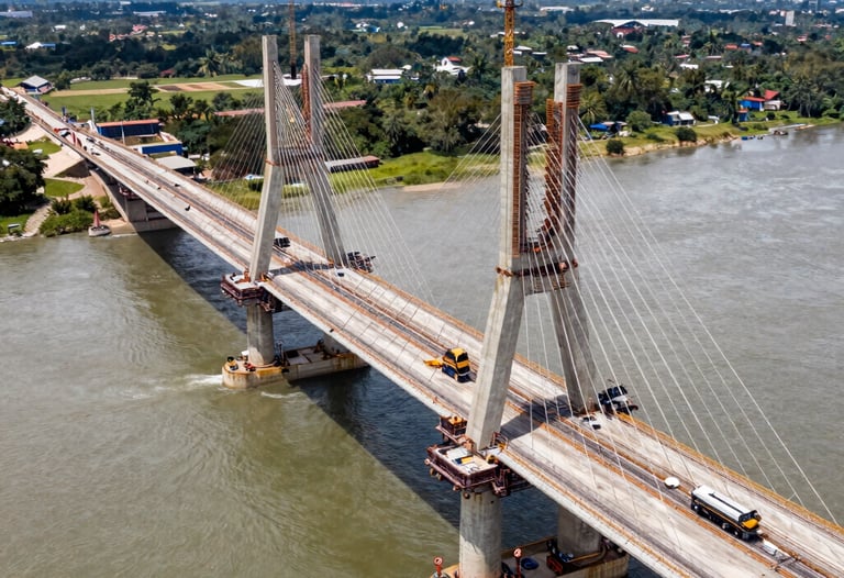 A high-resolution drone photo of a complex bridge construction site over a river in South America. The image shows the technical complexity and precision of the engineering work.