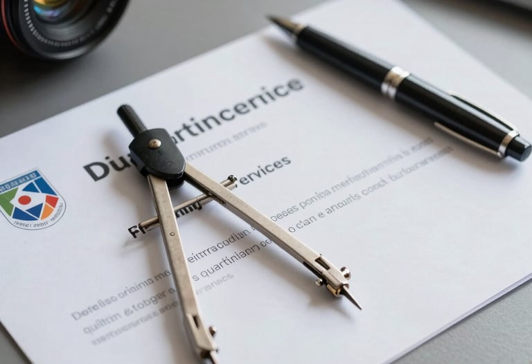 Close-up of a professional certificate on a modern desk, with an engineering compass and a high-end pen, representing the quality of the training services provided.