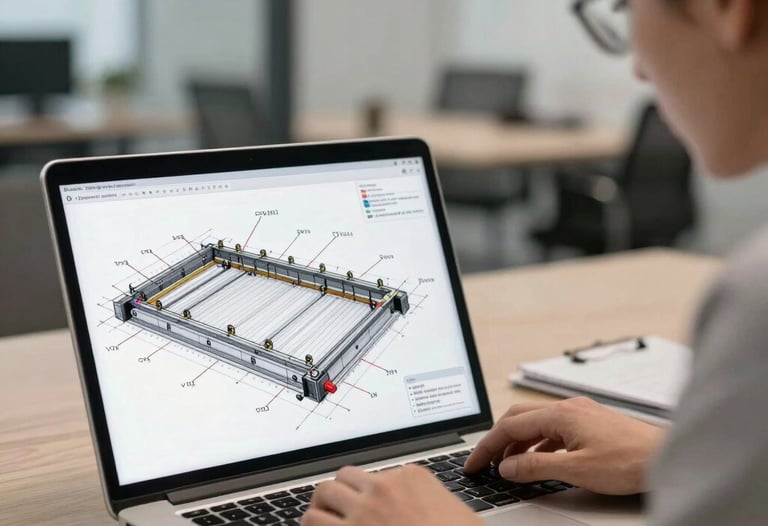 A detailed technical drawing of a foundation system being reviewed on a laptop screen by a professional in a modern office.