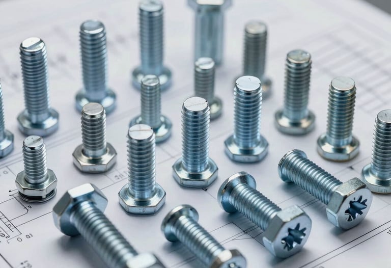 A photograph showing a collection of high-grade industrial fasteners and bolts laid out on a blueprint. Professional lighting, technical aesthetic.