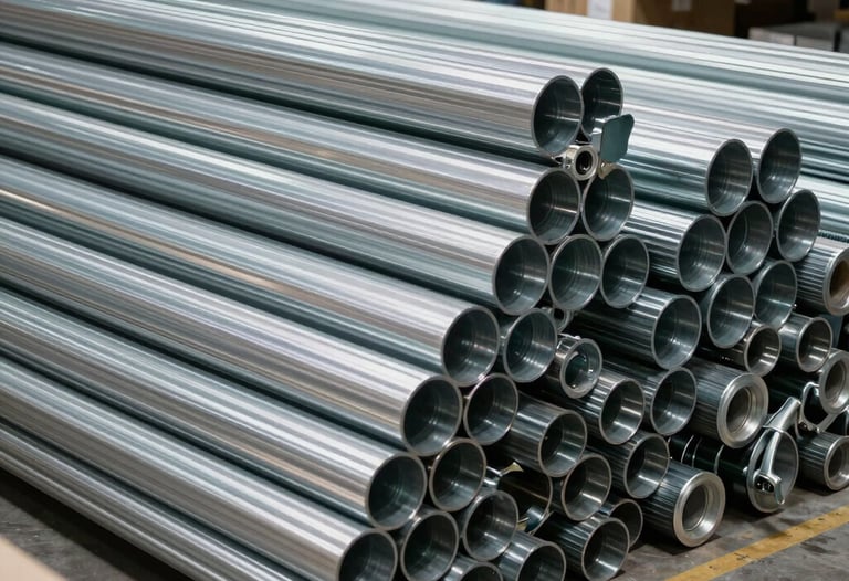 Photography of a high-tech logistics warehouse with organized stacks of industrial steel pipes and components. The lighting is clean and bright, highlighting the quality of supplied materials.