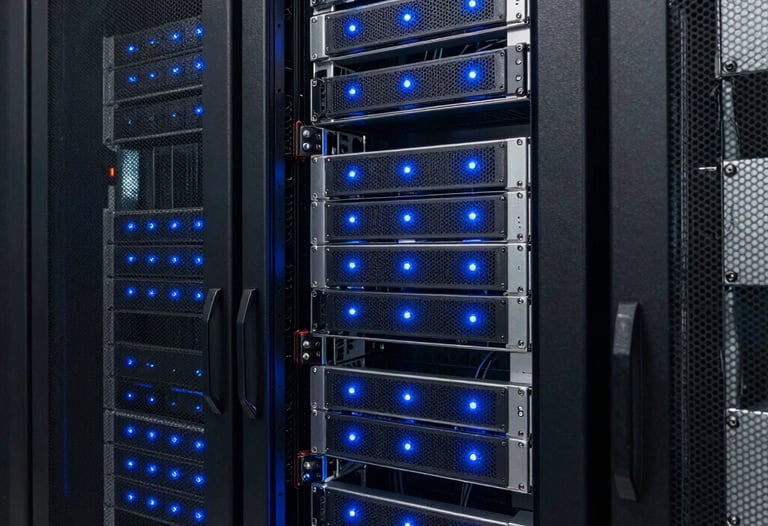 A photograph of a modern server rack with steel blue status lights in a dark room. Represents the technical rigor of game development. North American / International data center.