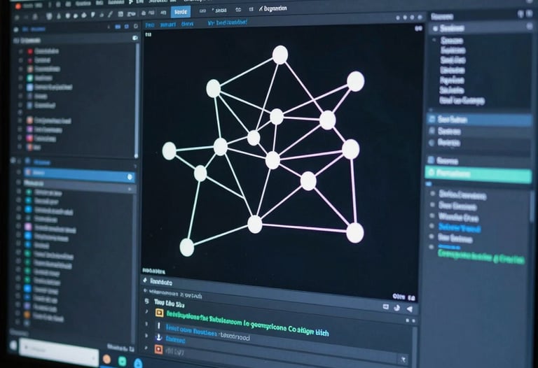 A cinematic shot of a computer screen showing a complex node-based visual scripting system. Tones of steel blue and midnight black. Analytical and technical focus.