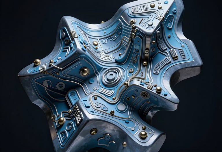 A photograph of a modern abstract sculpture that resembles a 3D level map, lit with dramatic steel blue lighting. Authoritative and sophisticated mood.