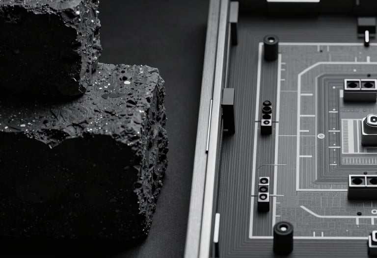 A photograph showing the contrast between a rough geometric blockout and a finished game level side-by-side. Analytical and intellectual presentation. Midnight black and silver gray.