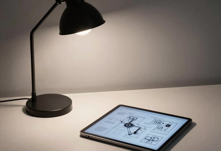 A photograph of a minimalist studio desk with a single lamp casting a focused light on a tablet showing game design blueprints. Midnight black and steel blue color scheme.