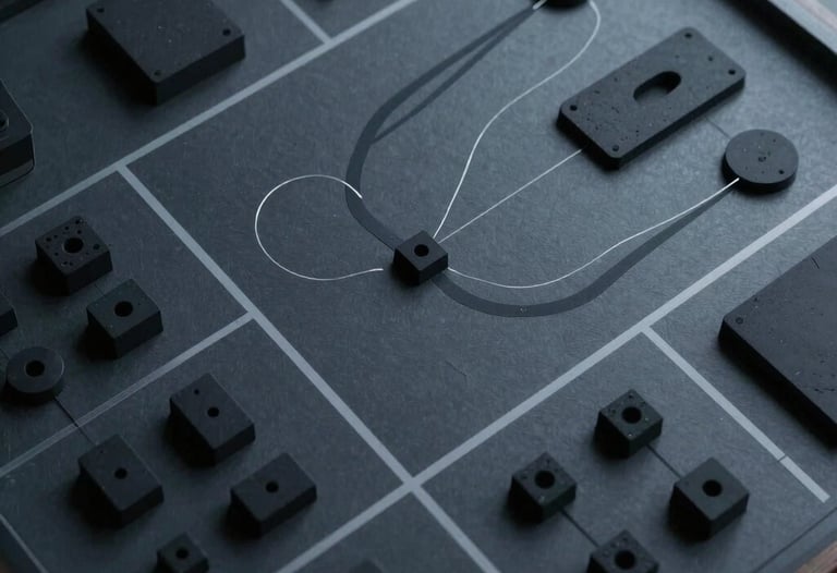 A top-down photograph of a level design blockout in a digital workspace, showing modular assets and flow lines. The lighting is crisp and even, highlighting the analytical nature of the work. Midnight black and slate blue-gray tones.