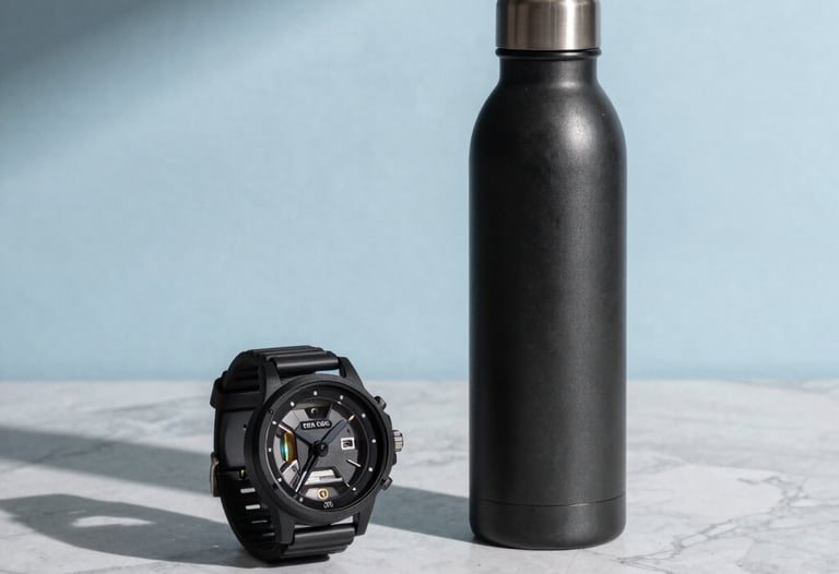 Clean, studio photography of lifestyle retail products—a watch and a high-end water bottle—arranged artistically on a light gray marble surface with sky blue light shadows.
