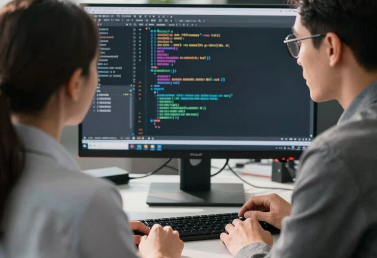 Two professionals in professional attire working together at a large monitor in a sunlit North American office. Sharp focus on the screen showing code, with soft depth of field.