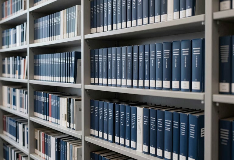 High-contrast photography of a large bookshelf filled with technical manuals and design books in a modern North American library. Navy and light gray color palette.