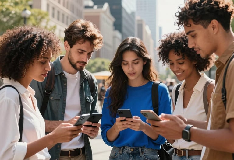 Dynamic lifestyle photography of a group of trendy young professionals in a bright US city square, looking at a mobile screen together. Warm natural lighting and vibrant blue accents.