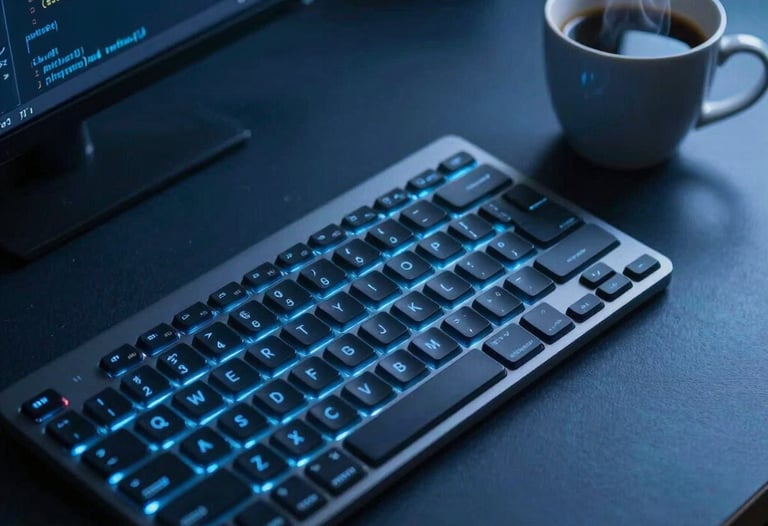 Atmospheric photography of a dark blue workspace with a single glowing keyboard and a steaming cup of coffee. The focus is sharp on the keys, suggesting deep work and code concentration.