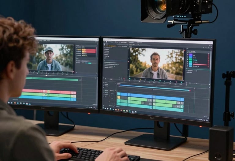 Over-the-shoulder shot of a person editing video on a dual-monitor setup in a North American studio. Professional equipment and soft navy blue lighting.
